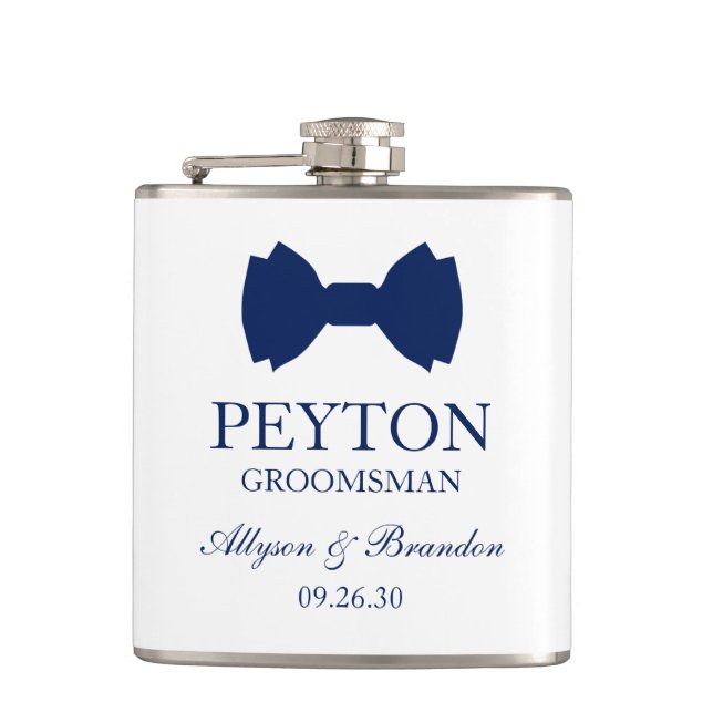 Groomsman Blue Bow Tie Hip Flask (Front)