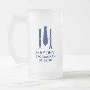 Groomsman Blue Tie Frosted Glass Beer Mug