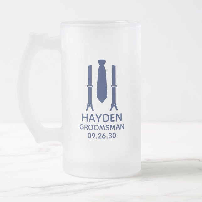 Groomsman Blue Tie Frosted Glass Beer Mug (Left)