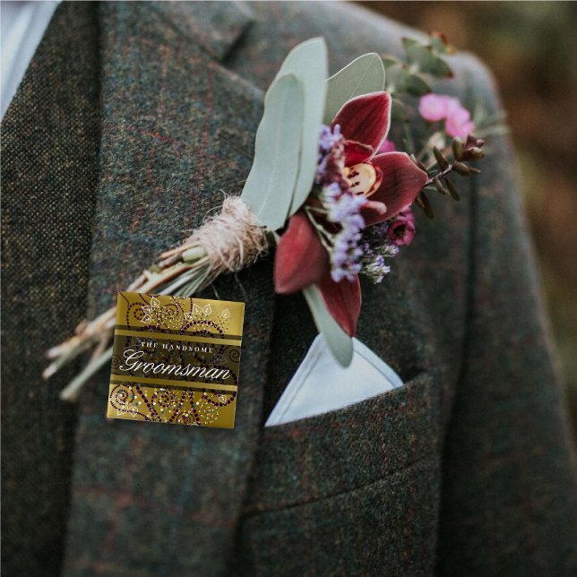 GROOMSMAN Boho Purple Spirals Gold Wedding Button (GROOMSMAN Boho Purple Spiral Dots Stylish Gold Wedding Party Pinback Button @ fat_fa_tin)