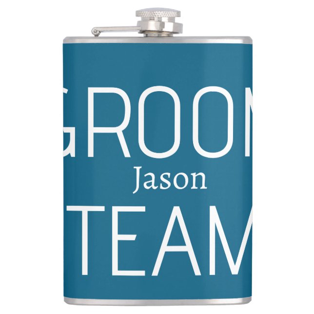 groomsman bold groom team gray blue white bachelor hip flask (Front)
