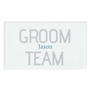 groomsman bold groom team grey blue white bachelor name tag
