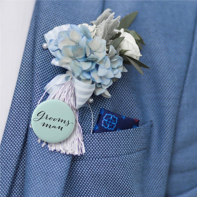 Groomsman Classic Script Wedding Bachelor Party 6 Cm Round Badge ('Groomsman' Classic Script Calligraphy Wedding Rehearsal Pin Button @ fatfatin_blue_knot)