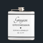 Groomsman Custom Personalised Wedding Party  Hip Flask<br><div class="desc">Groomsman Custom Personalised Name Wedding Party Flask features the groomsman's name with the bridal couple's names and wedding date accented with a small love heart. Custom made for the groomsman. Designed by ©2024 Evco Studio www.zazzle.com/store/evcostudio</div>