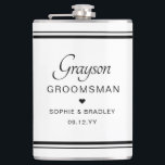 Groomsman Custom Personalised Wedding Party  Hip Flask<br><div class="desc">Groomsman Custom Personalised Name Wedding Party Flask features the groomsman's name with the bridal couple's names and wedding date accented with a small love heart. Custom made for the groomsman. Designed by ©2024 Evco Studio www.zazzle.com/store/evcostudio</div>