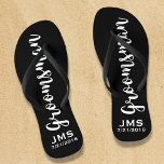 Groomsman Custom Wedding Favour Modern Monogram Flip Flops<br><div class="desc">Your groomsman will love this custom wedding thank you gift/favour with a modern script font. Add his name or monogram and another line of text (date, wedding location, etc.) Easily change the background colour to match your wedding colours - just click on "customise it" and then the choose your colour...</div>