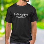 Groomsman Custom Wedding Favour Modern Monogram T-Shirt<br><div class="desc">Your groomsman will love this custom wedding thank you gift/favour with a modern script font. Add his name or monogram and another line of text (date, wedding location, etc.) Easily change the background colour to match your wedding colours - just click on "customise it" and then the choose your colour...</div>