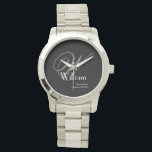 Groomsman Elegant Grey Monogram White Detail Black Watch<br><div class="desc">Looking for Wedding Party Gifts for your Groomsman or Groomsmen? Consider this classic stylish groomsman watch, with an elegant monogram initial and his name and wedding date in a beautiful white font on a stainless steel black face silver watch. Click personalise this template to customise it with your monogram last...</div>