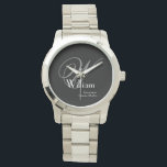 Groomsman Elegant Grey Monogram White Detail Black Watch<br><div class="desc">Looking for Wedding Party Gifts for your Groomsman or Groomsmen? Consider this classic stylish groomsman watch, with an elegant monogram initial and his name and wedding date in a beautiful white font on a stainless steel black face silver watch. Click personalise this template to customise it with your monogram last...</div>