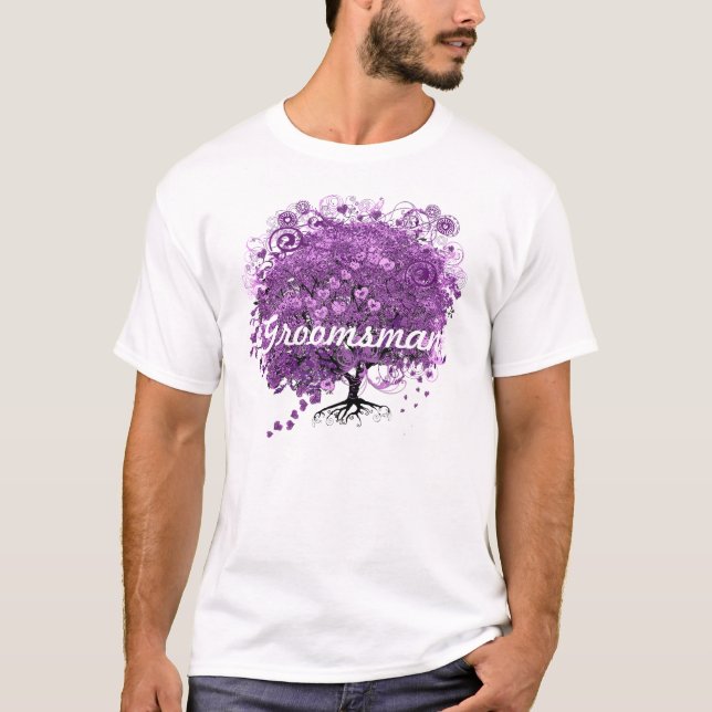 Groomsman Forest Purple Heart Leaf Tree Wedding T-Shirt (Front)