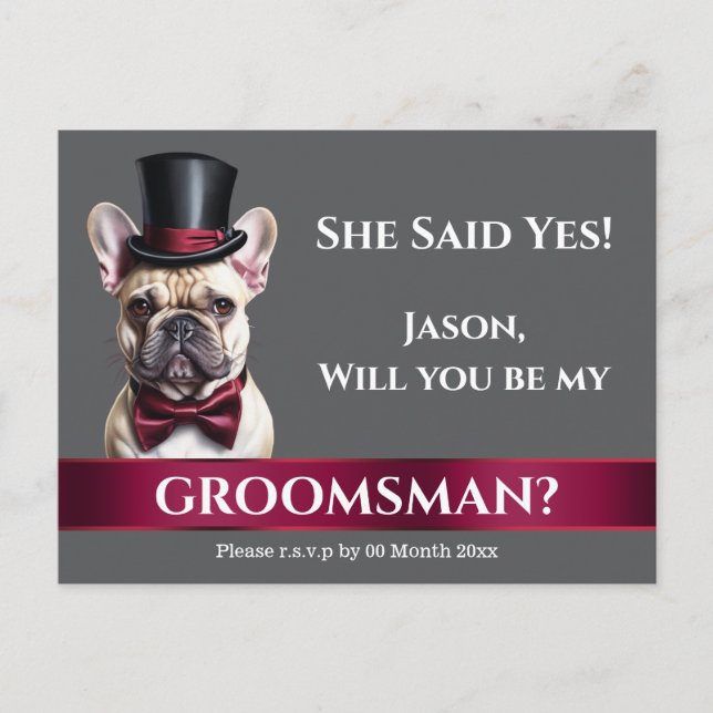 Groomsman french bulldog grooms proposal wedding postcard (Front)