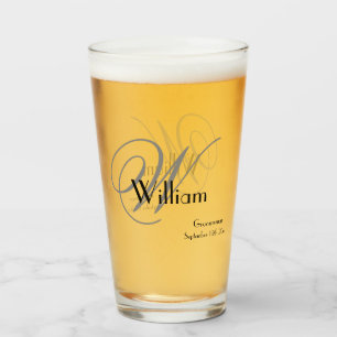 Groomsman Gift Elegant Monogram Name Date Beer  Glass