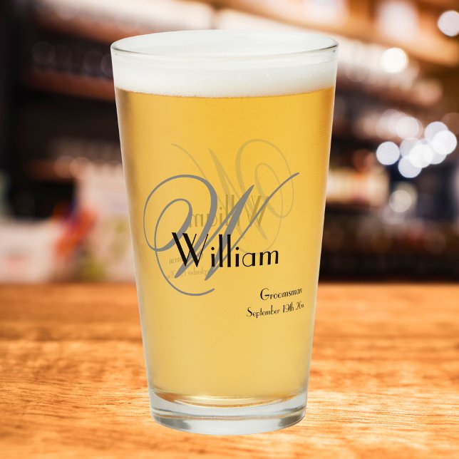 Groomsman Gift Elegant Monogram Name Date Beer  Glass (The Perfect Groomsmen Gift - Beer Glass with Elegant Monogram, Personalized Name and Date.)