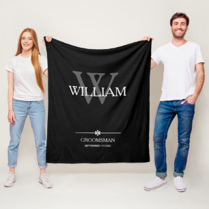 Groomsman Gift Elegant Monogram + Name Date Black  Fleece Blanket