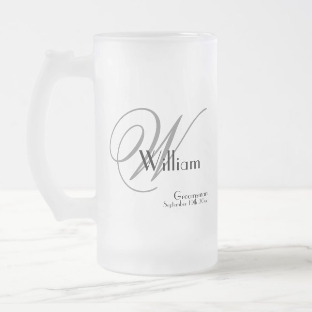 Groomsman Gift Modern Monogram Initial & Name Cool Frosted Glass Beer Mug (Left)