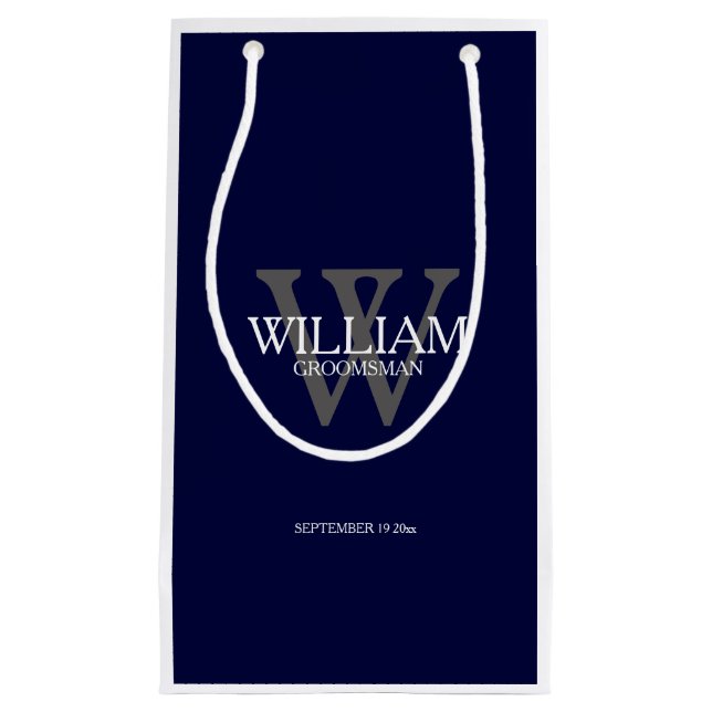 Groomsman Modern Monogram Name Elegant Navy Blue Small Gift Bag (Front)