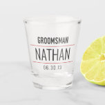 Groomsman Modern Red Black Typography Monogram Shot Glass<br><div class="desc">This cool and modern Groomsman typography shot glass design is the perfect gift for the Groom's bridal party. It features simple red line separators and black typography with a personalised date and monogram name. Customise the text colour by clicking the "customise" button to access more options. ***IMPORTANT DESIGN NOTE: For...</div>