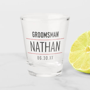 Groomsman Modern Red Black Typography Monogram Shot Glass