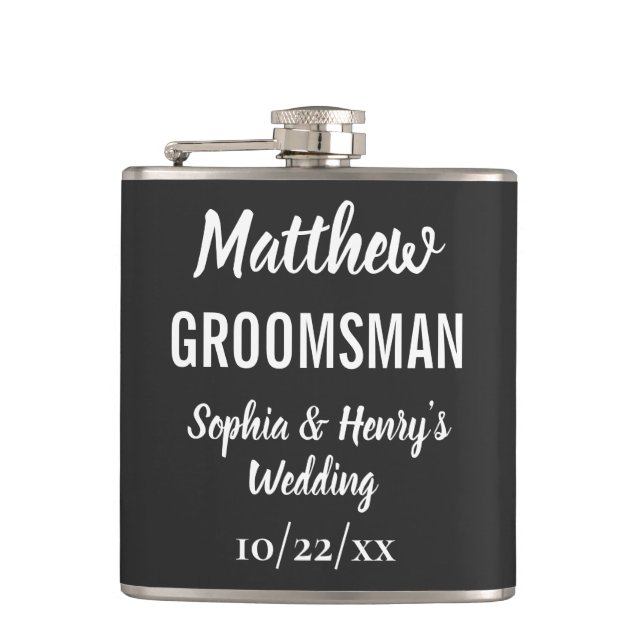 Groomsman Modern Typography Black Wedding Hip Flask (Front)