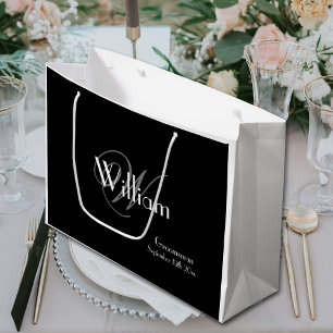 Groomsman Monogram + Name Elegant Script Black  Large Gift Bag