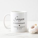 Groomsman Personalised Name Wedding Party Coffee Mug<br><div class="desc">Groomsman Personalised Name Wedding Party Coffee Mug features your groomsman's name with the bridal couple's names and wedding date accented with a small love heart. Custom made for your groomsman. Designed by ©2024 Evco Studio www.zazzle.com/store/evcostudio</div>