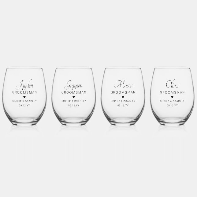 Groomsman Personalised Name Wedding Party Stemless Wine Glass (Front)