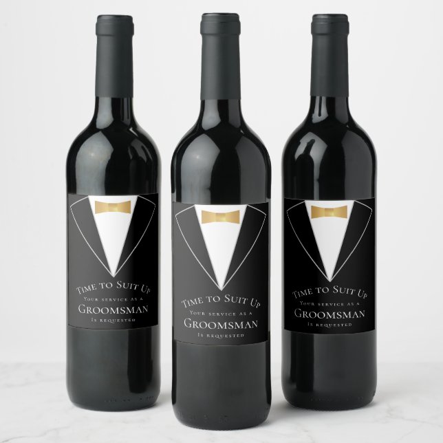 Groomsman Proposal Black Faux Gold Time to Suit Up Wine Label (Bottles)