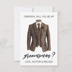 Groomsman Proposal Card, Brown Tweed Suit Jacket Invitation