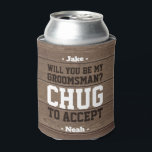 Groomsman Proposal Chug to Accept Faux Rustic Wood Can Cooler<br><div class="desc">Get the wedding celebration started in style with a funny personalised groomsman proposal can cooler. Design features a rustic brown faux wood background, stylish modern typography names, and a customisable request reading "Will you be my groomsman? Chug to accept". All text is simple to customise or delete and can be...</div>