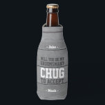 Groomsman Proposal Chug to Accept Funny Faux Wood Bottle Cooler<br><div class="desc">Get the wedding celebration started in style with a funny personalised groomsman proposal bottle cooler. Design features a rustic grey faux wood background, stylish modern typography names, and a customisable request reading "Will you be my groomsman? Chug to accept". All text is simple to customise or delete. These unique and...</div>