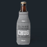 Groomsman Proposal Chug to Accept Funny Faux Wood Bottle Cooler<br><div class="desc">Get the wedding celebration started in style with a funny personalised groomsman proposal bottle cooler. Design features a rustic grey faux wood background, stylish modern typography names, and a customisable request reading "Will you be my groomsman? Chug to accept". All text is simple to customise or delete. These unique and...</div>