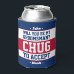 Groomsman Proposal Chug to Accept Red White & Blue Can Cooler<br><div class="desc">Get the wedding celebration started in style with a funny personalised groomsman proposal can cooler. The patriotic red, white and blue design features stylish modern typography names and a customisable request reading "Will you be my groomsman? Chug to accept". All text is simple to customise or delete and can be...</div>