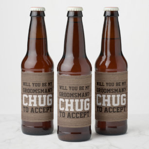Groomsman Proposal Chug to Accept Rustic Faux Wood Beer Bottle Label