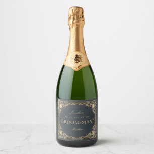 Groomsman Proposal Navy Blue Gold Vintage Elegant Sparkling Wine Label