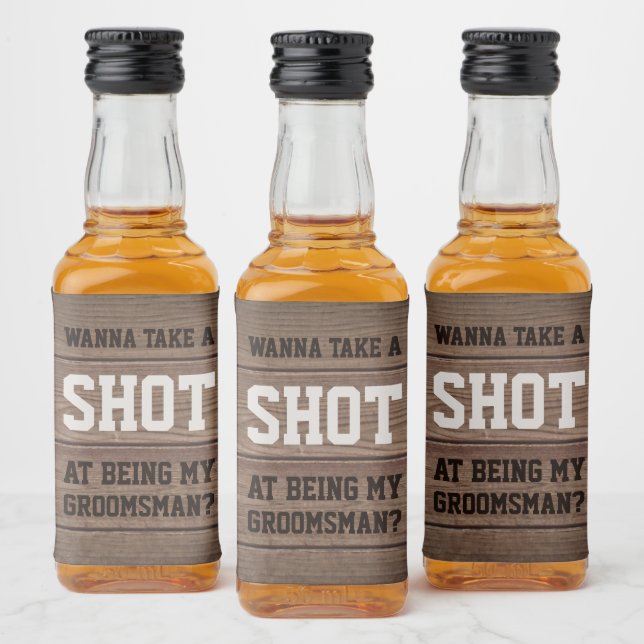 Groomsman Proposal Take a Shot Wedding Brown Wood Liquor Bottle Label (Bottles)
