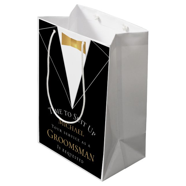 Groomsman Proposal Time to Suit Up Black Faux Gold Medium Gift Bag (Back Angled)