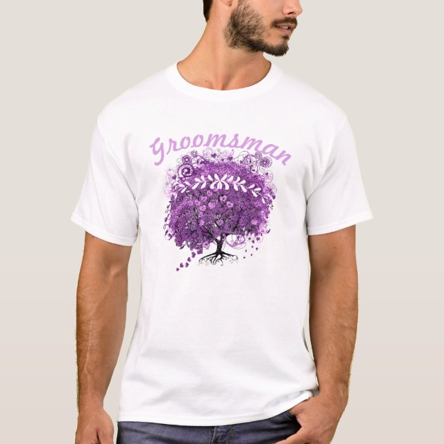 Groomsman Purple Heart Leaf Tree Wedding T-Shirt (Front)