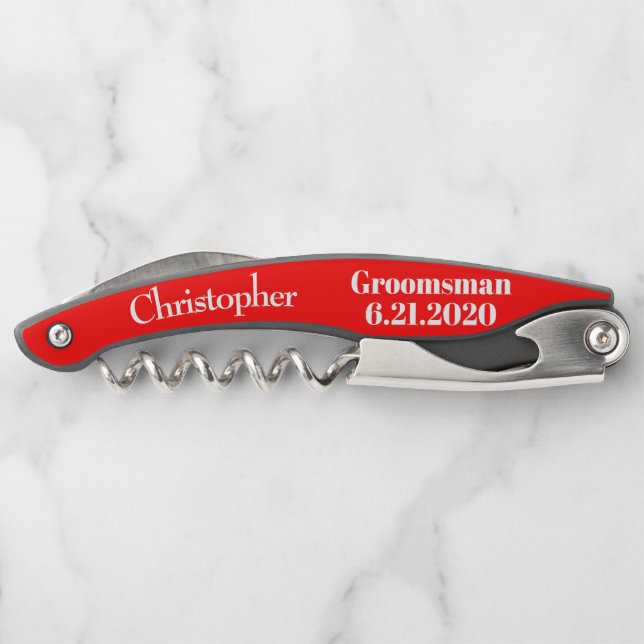 Groomsman Red Black Wedding Favour Corkscrews (Back)