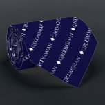 Groomsman Repeating White Text on Navy Blue Tie<br><div class="desc">This fun neck tie is the perfect accessory for the groomsmen at your wedding. It features a simple yet elegant design with the word "groomsman" written in fancy all capital white text repeating in a diagonal pattern on a navy blue background. Perfect way to add a bit of class to...</div>