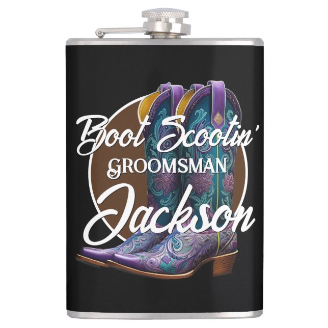 Groomsman Scootin' Cowboy Boots Black Hip Flask (Front)