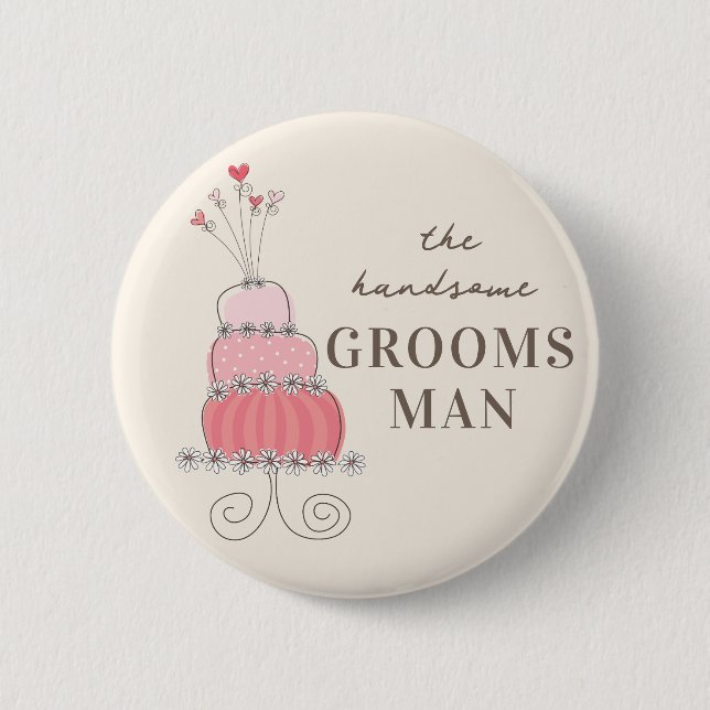GROOMSMAN Sweet Pink Wedding Cake Name Tag Button (Front)