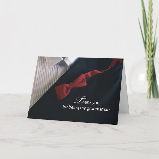 Groomsman Thank You With Red Tie and Black Tuxedo Card (Front)