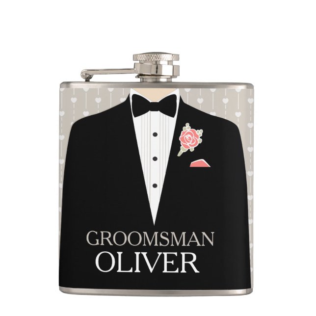 Groomsman tuxedo coral button named hip flask (Front)