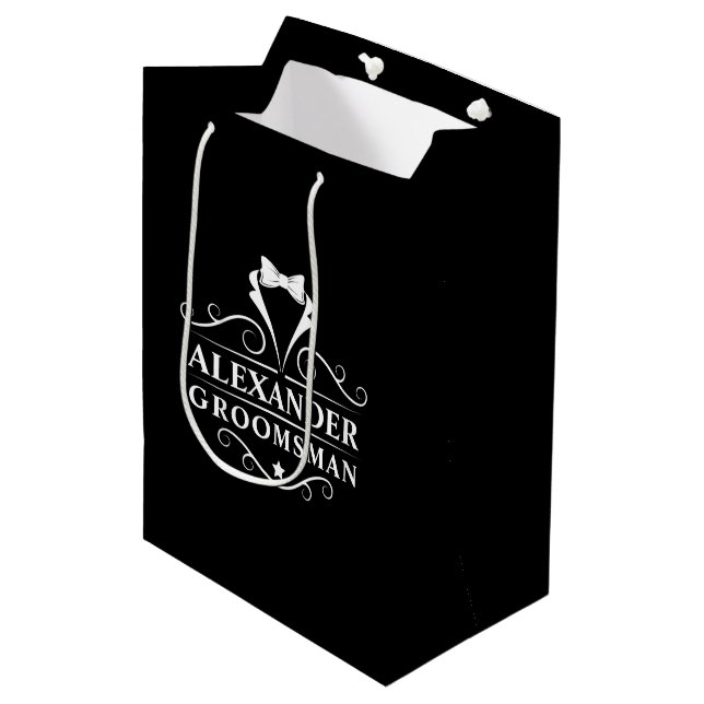 Groomsman Tuxedo Tie Black Medium Gift Bag (Front Angled)