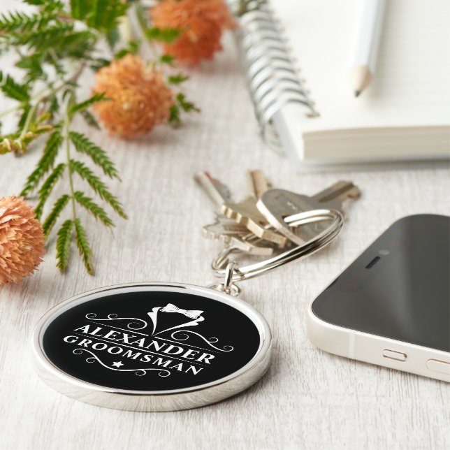 Groomsman Tuxedo Tie Black Premium Round Key Ring (Side)
