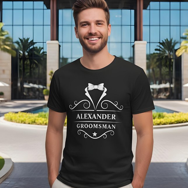 Groomsman Tuxedo Tie Black T-Shirt (Customize to change text size. Choose from a variety of shirt colors and styles.)