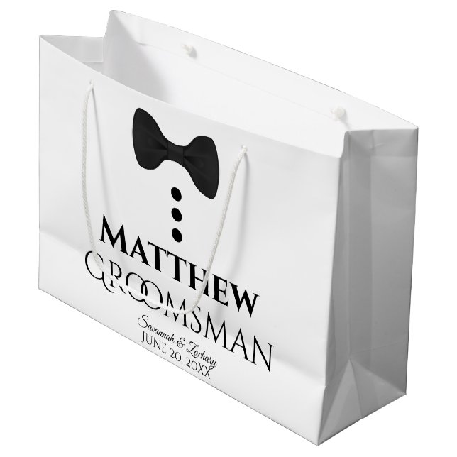 Groomsman Wedding Favor - Cute Black Tie & Buttons Large Gift Bag (Front Angled)
