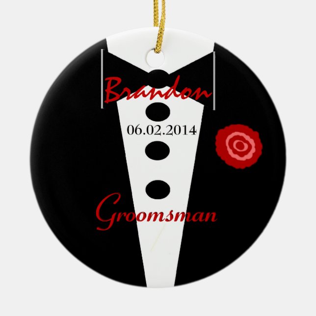 Groomsman Wedding Favour Custom Name Tux Ceramic Tree Decoration (Front)