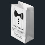 Groomsman Wedding Gift Bag with Black Tie - Small<br><div class="desc">This gift bag is designed for your Groomsmen. The design features black text and a black tie with buttons on a white background. Includes a space for his name as well as the name of the couple and the wedding date. Fill with gifts, favors, candy, booze, or any other sort...</div>