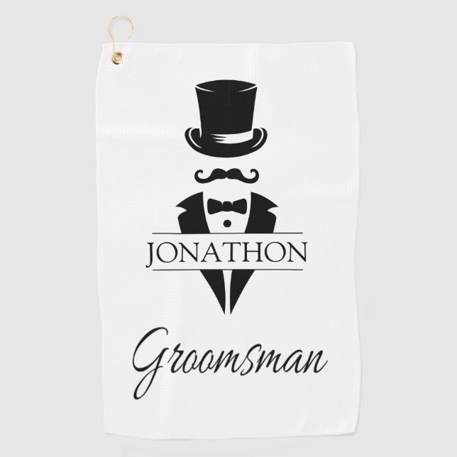 Groomsmen Black Tuxedo Top Hat Moustache Golf Towel (Front)